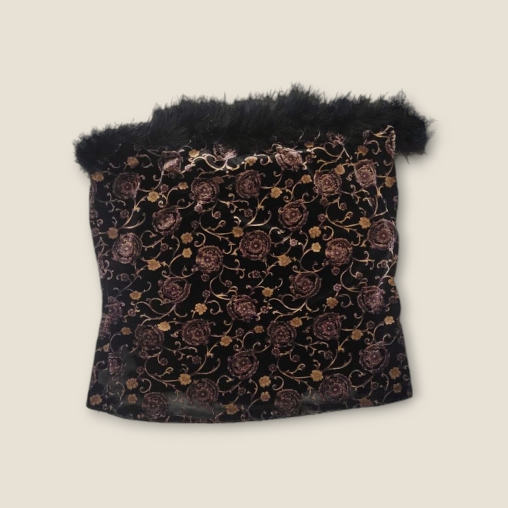 90s Vintage Aziz Velvetine Floral Tube Top Top with Feather Trim